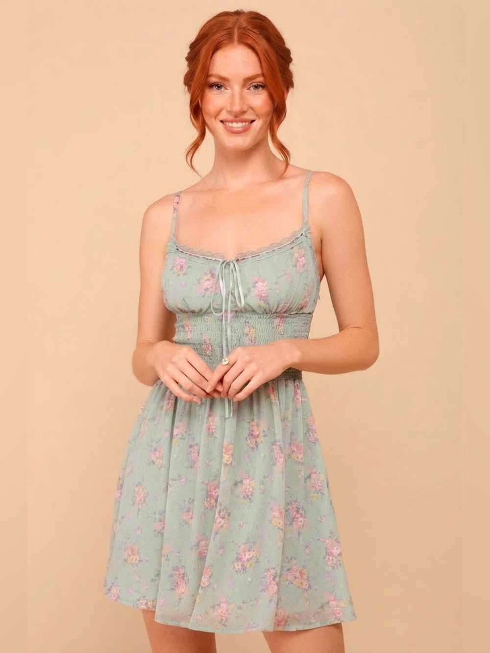 Lulus Flirty Dreamer Sage Floral Bustier Lace Ribbon Mini Dress